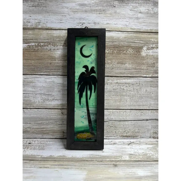 Framed Fused Glass Palm Tree with Moon
