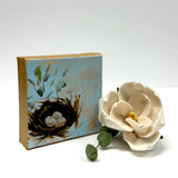 TRINITY NEST BLUE SERIES WHITE EGGS original oil painting by Carey Lee Hudson