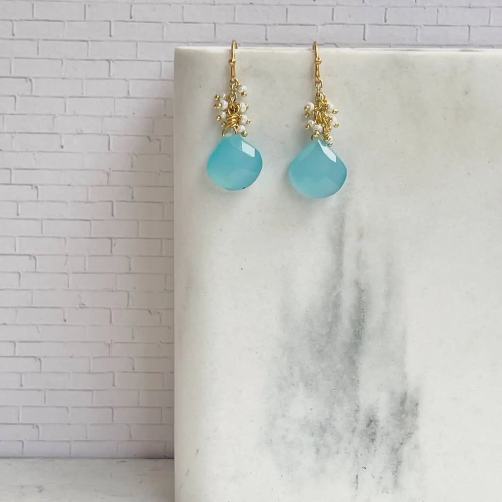 Blue Chalcedony Pearl Cluster Earrings