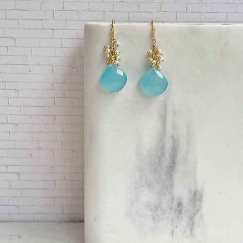 Blue Chalcedony Pearl Cluster Earrings
