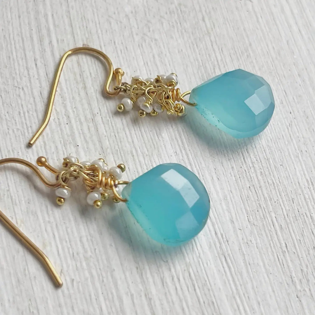 Blue Chalcedony Pearl Cluster Earrings
