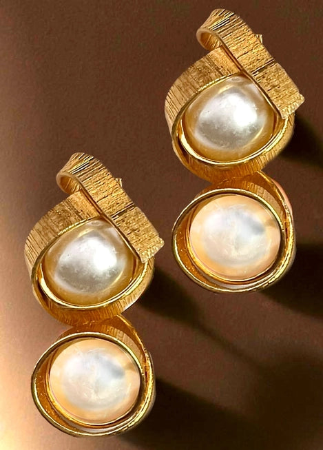 Brushed Gold Double Pearl Earrings