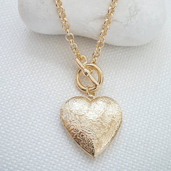 Gold Heart Locket Toggle Necklace