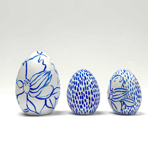 Blue & White Magnolia Eggs - Set of Three