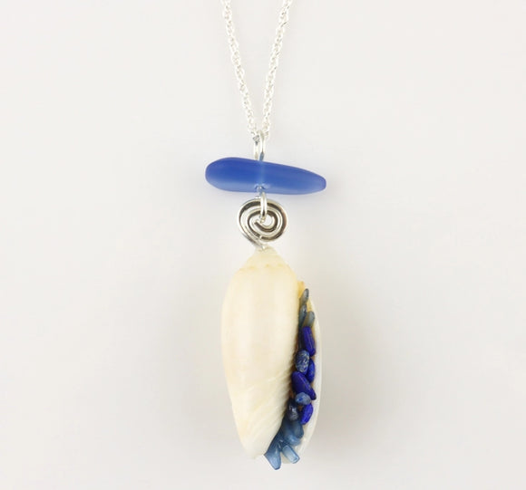 Olive Shell with Lapis & Kyanite Necklace