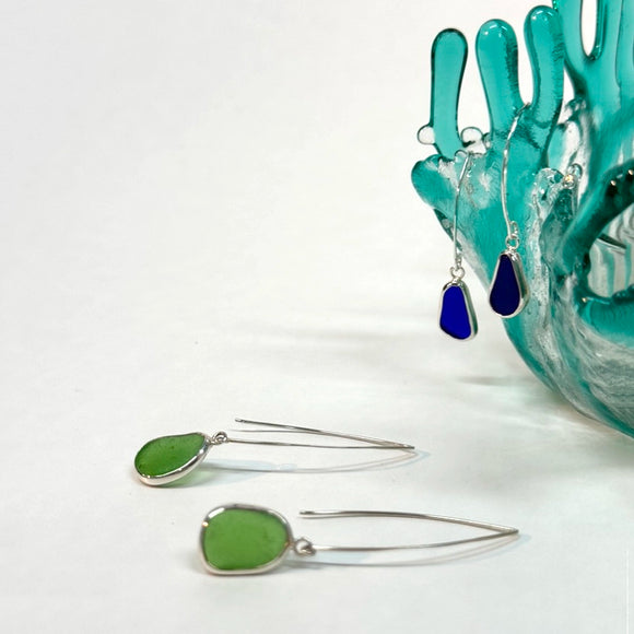 Bezel Set Sea Glass Long Earrings