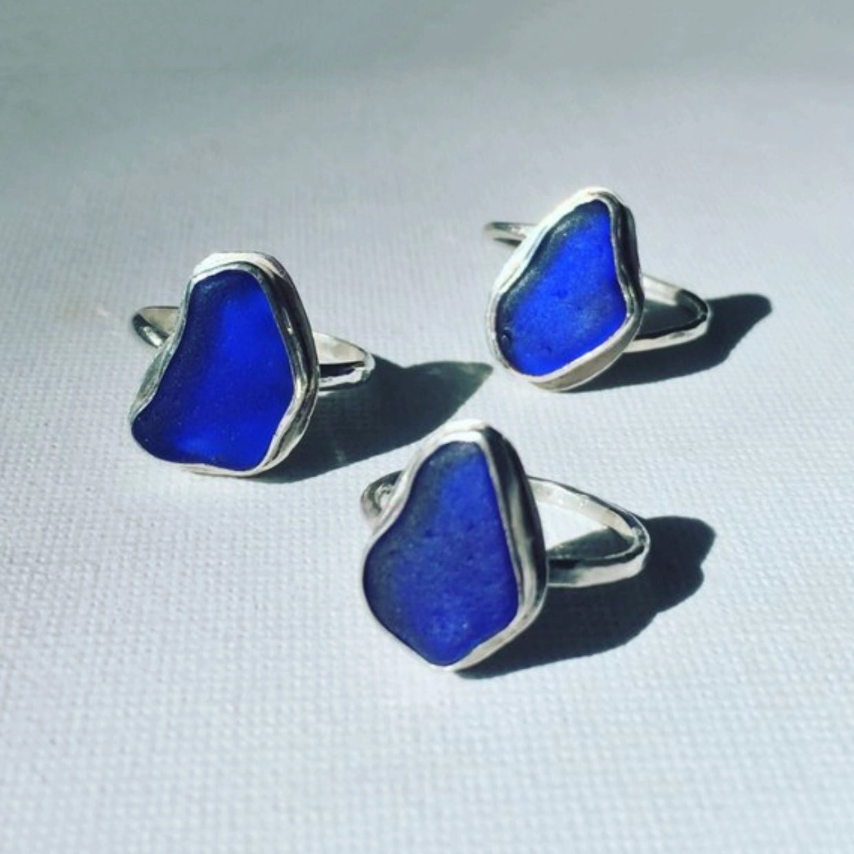 Cobalt Sea Glass Ring Hammered Band
