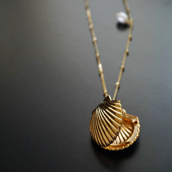 Gold Seashell Locket Necklace with Freshwater Pearl