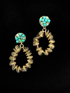 Turquoise and Gold Wire Wrapped Stud Earrings