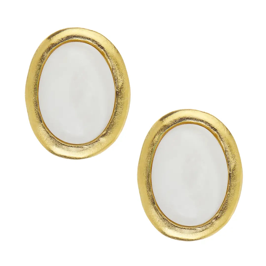 White Agate Cabochon Stud Earrings