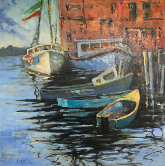 BOATS IN WAITING oil with Gamvar varnish by Connie Snipes