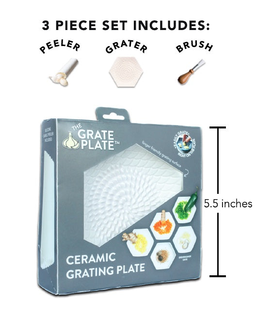 The Grate Plate 3 Piece Handmade Ceramic Garlic Grater Set - Grater,  Peeler, Brush